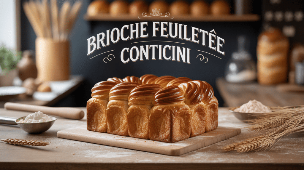 Brioche feuilletée Conticini dorée avec couches visibles sur plan de travail