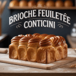 Brioche feuilletée Conticini dorée avec couches visibles sur plan de travail