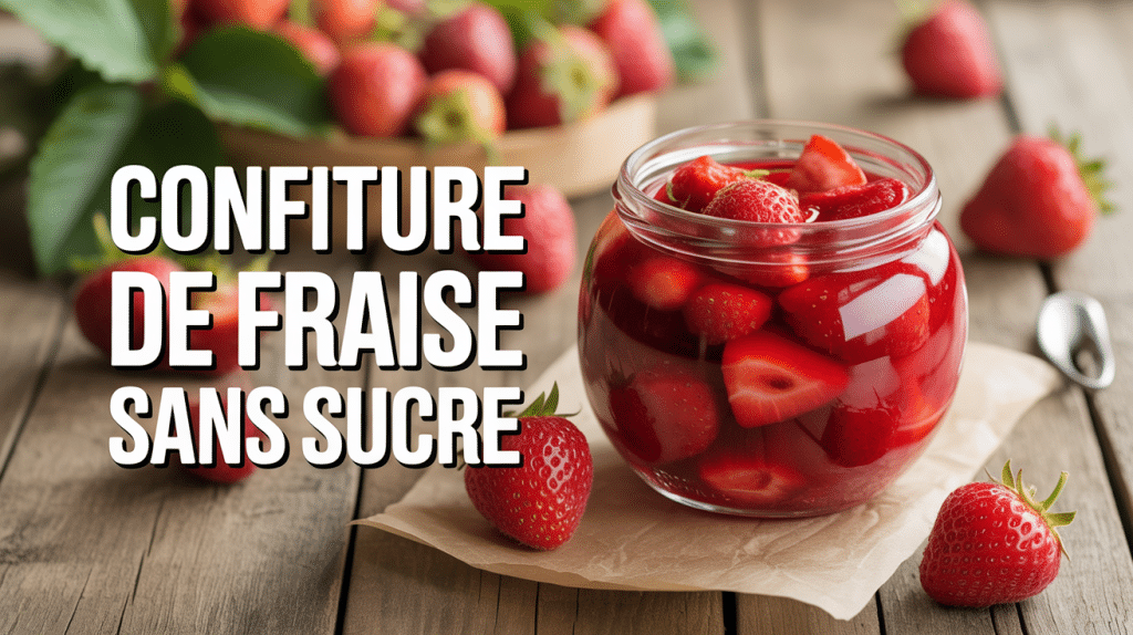 Bocal de confiture de fraise sans sucre sur table rustique