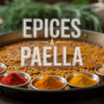 paellera avec épices à paella variées et texte décoratif