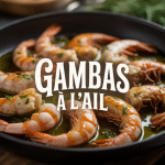 Assiette de gambas à l'ail recette espagnole, poêle, huile d'olive