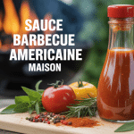 Recette sauce barbecue americaine photo bouteille et ingrédients devant grill