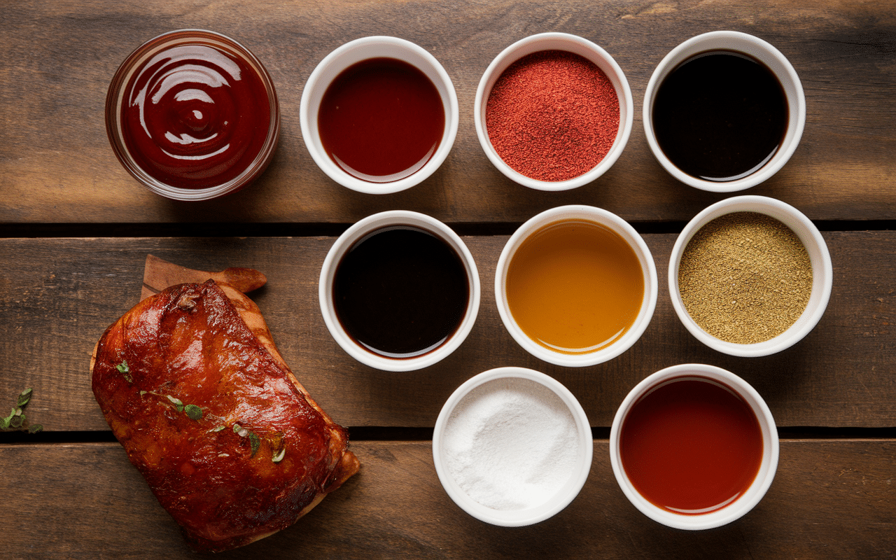 Recette sauce barbecue americaine ingrédients sur table en bois