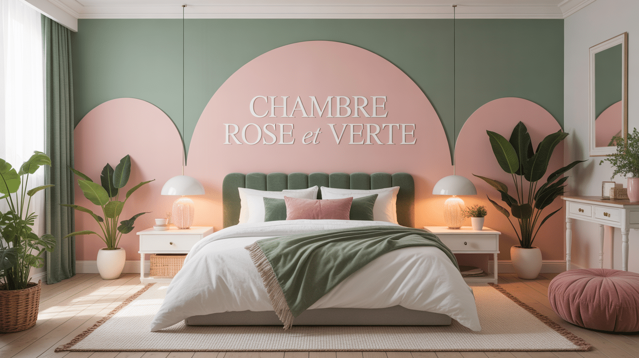 Chambre rose et verte moderne lit blanc décoration apaisante