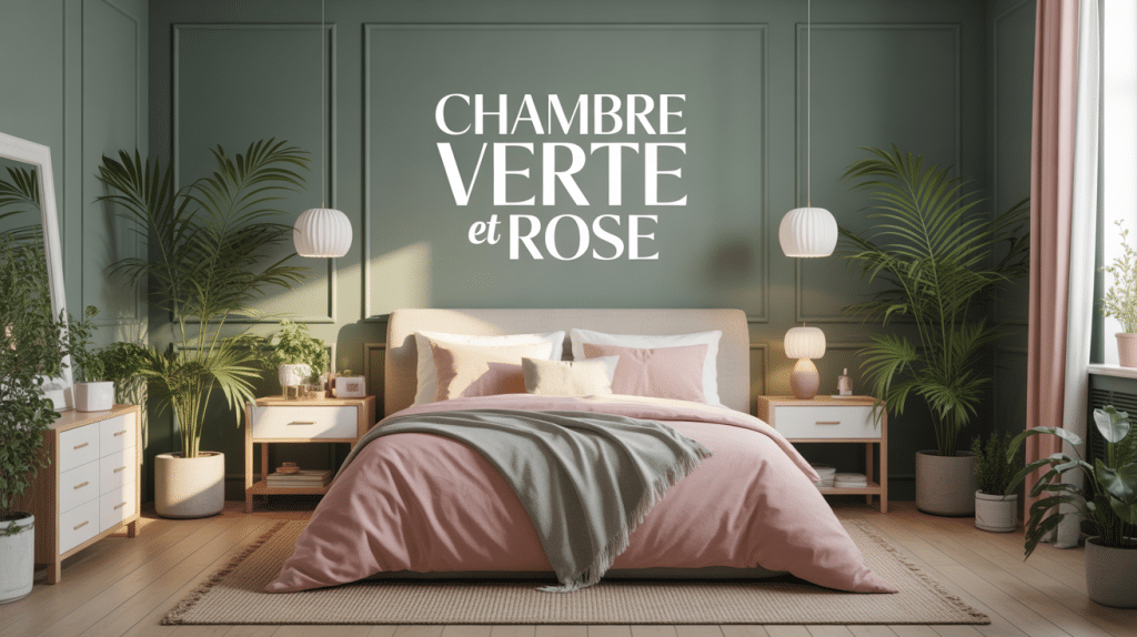 Chambre verte et rose élégante, lumière naturelle, mobilier bois clair