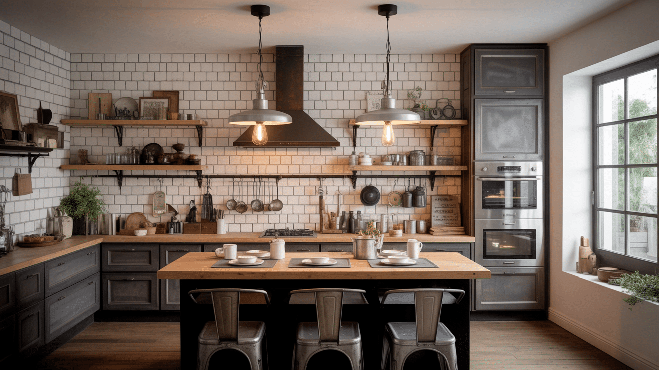 Cuisine style industriel vintage moderne avec ilot bois et murs briques