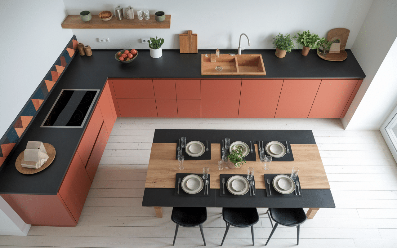 Vue du dessus cuisine terracotta et noir agencement équilibré