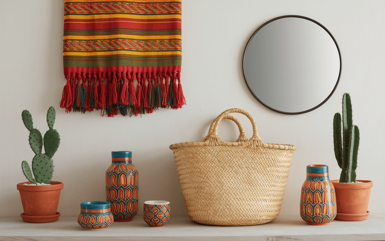deco mexicaine poteries textiles miroir et cactus