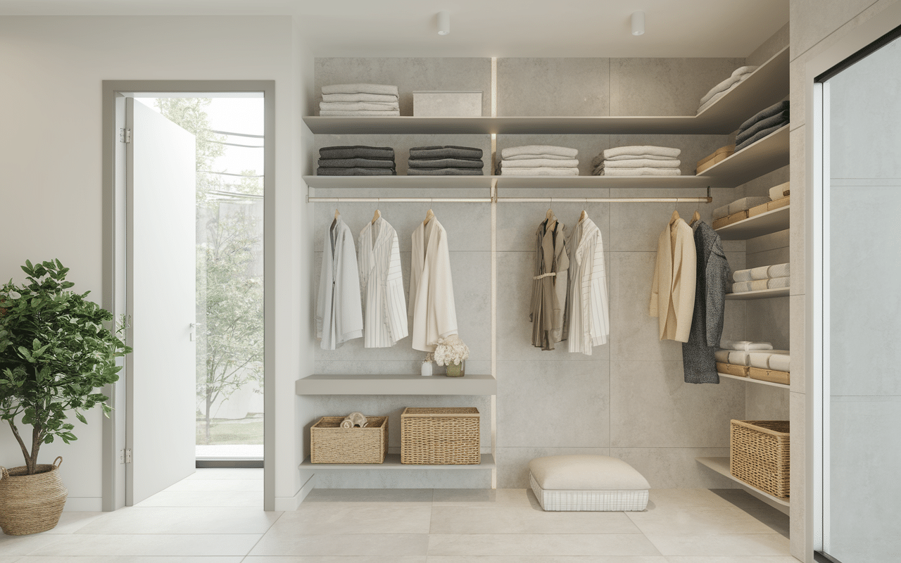 dressing dans salle de bain avec étagères et penderie