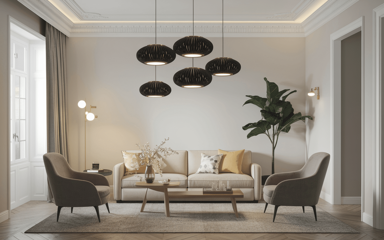 Salon éclairé sous poutres apparentes décoration moderne