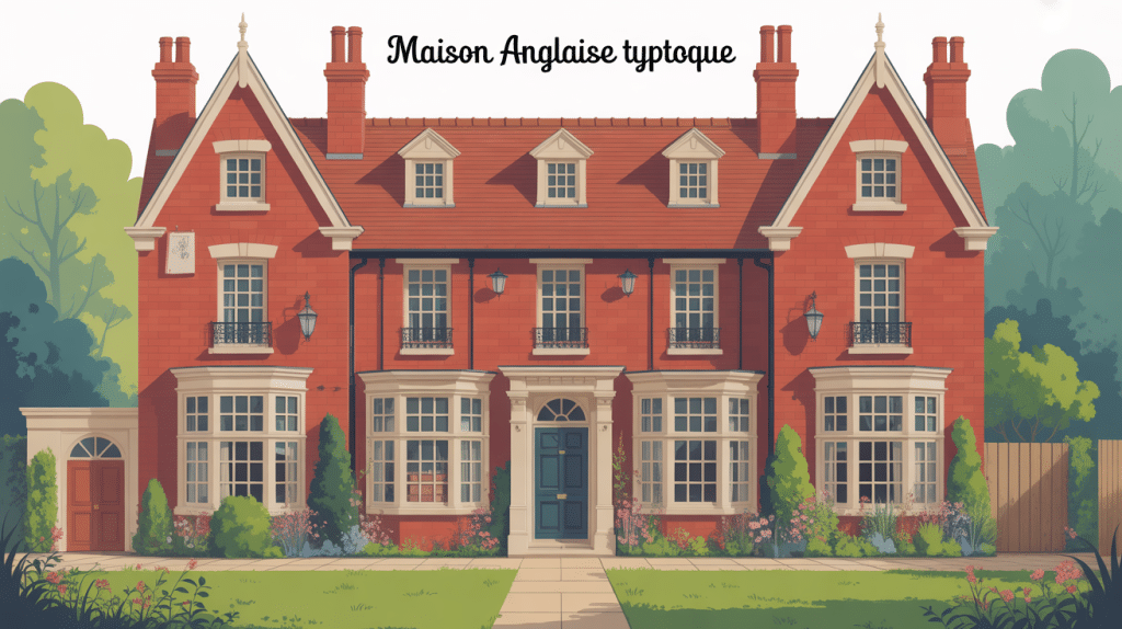 maison anglaise typique brique rouge bow-windows jardin