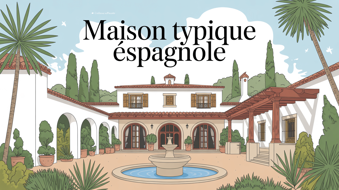 Vue maison typique espagnole murs blancs patio tuiles arches