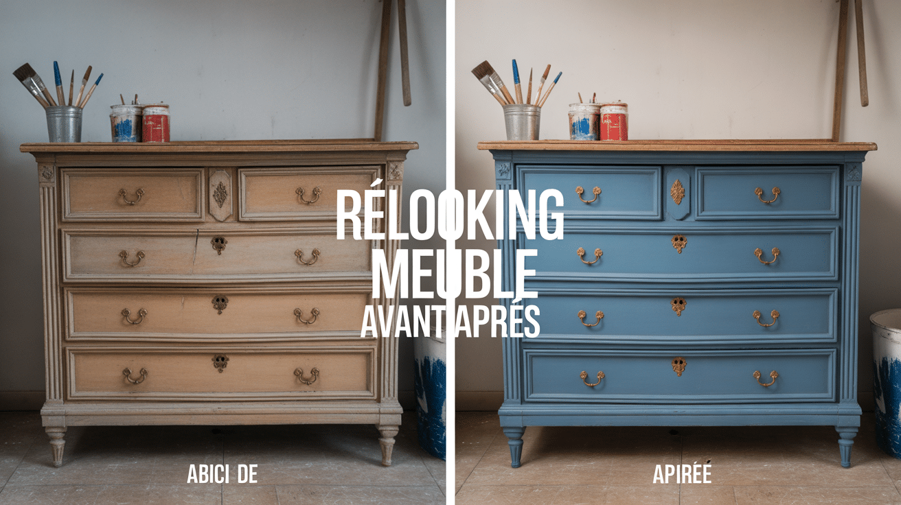 Meuble relooké avant apres commode transformée peinture bleu et doré