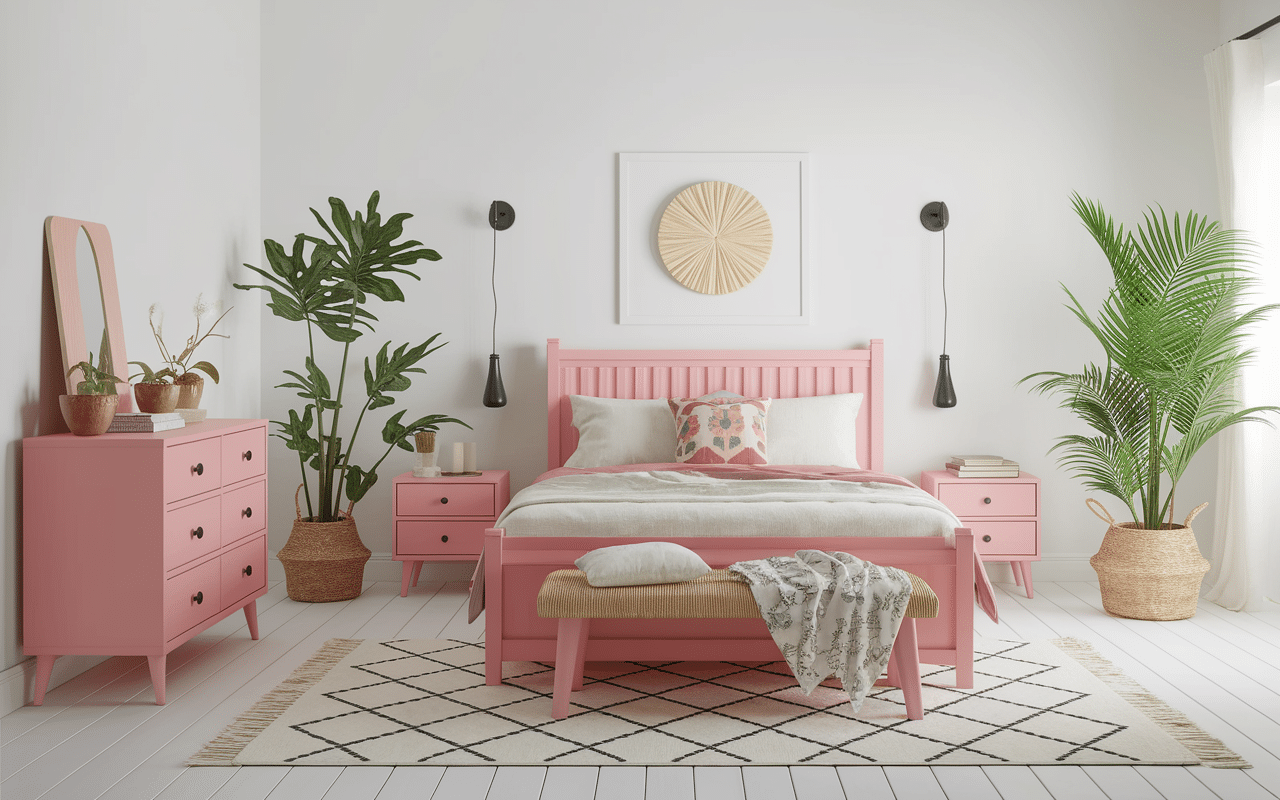 Mobilier bois et accessoires chambre verte et rose