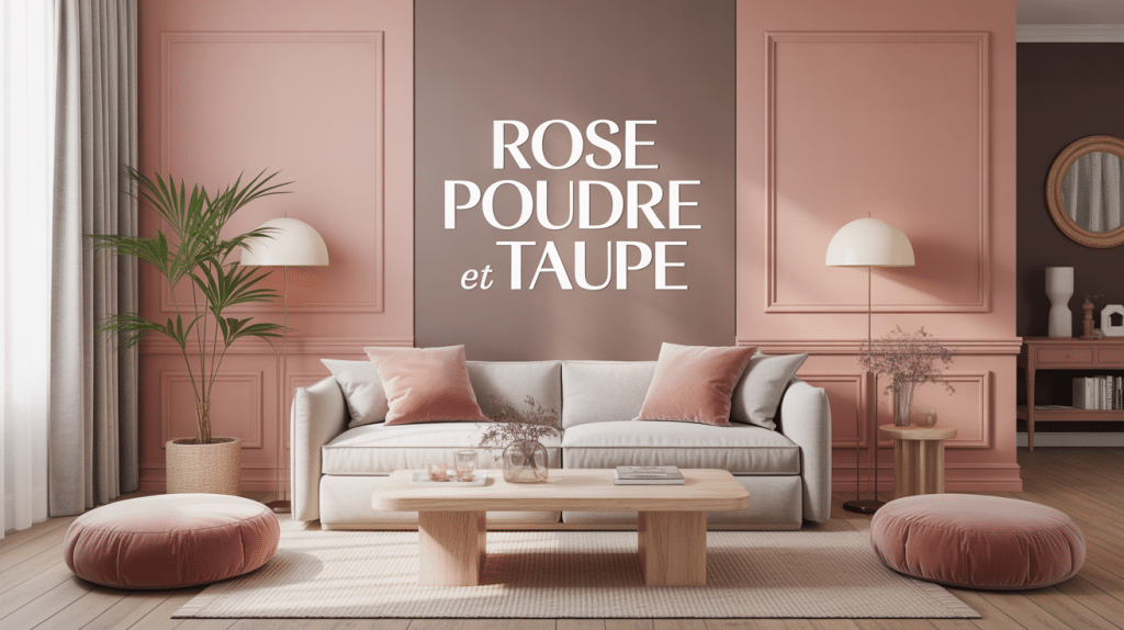 Salon avec peinture rose poudré et taupe