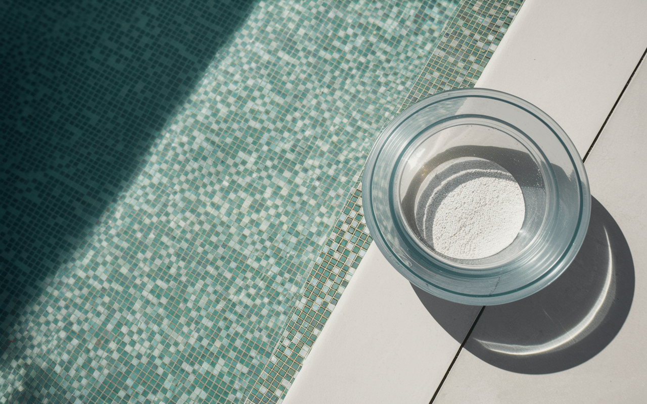 Seau bicarbonate de soude et piscine bien entretenue