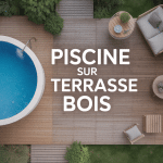 Vue aérienne piscine sur terrasse bois moderne