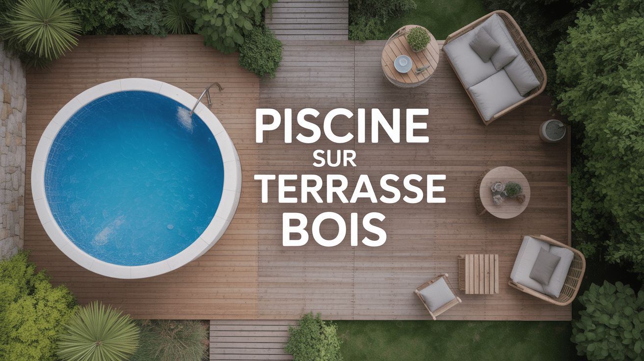 Vue aérienne piscine sur terrasse bois moderne