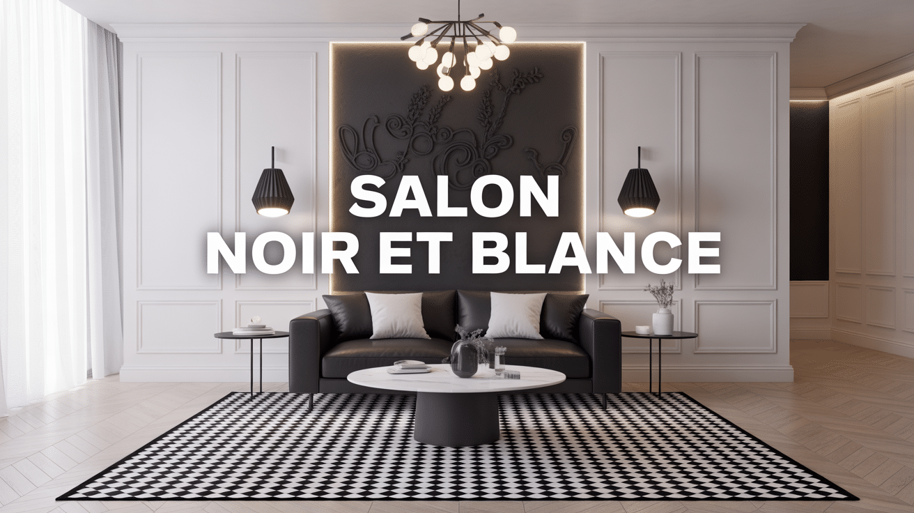 Salon noir et blanc avec canapé noir, table blanche, tapis géométrique