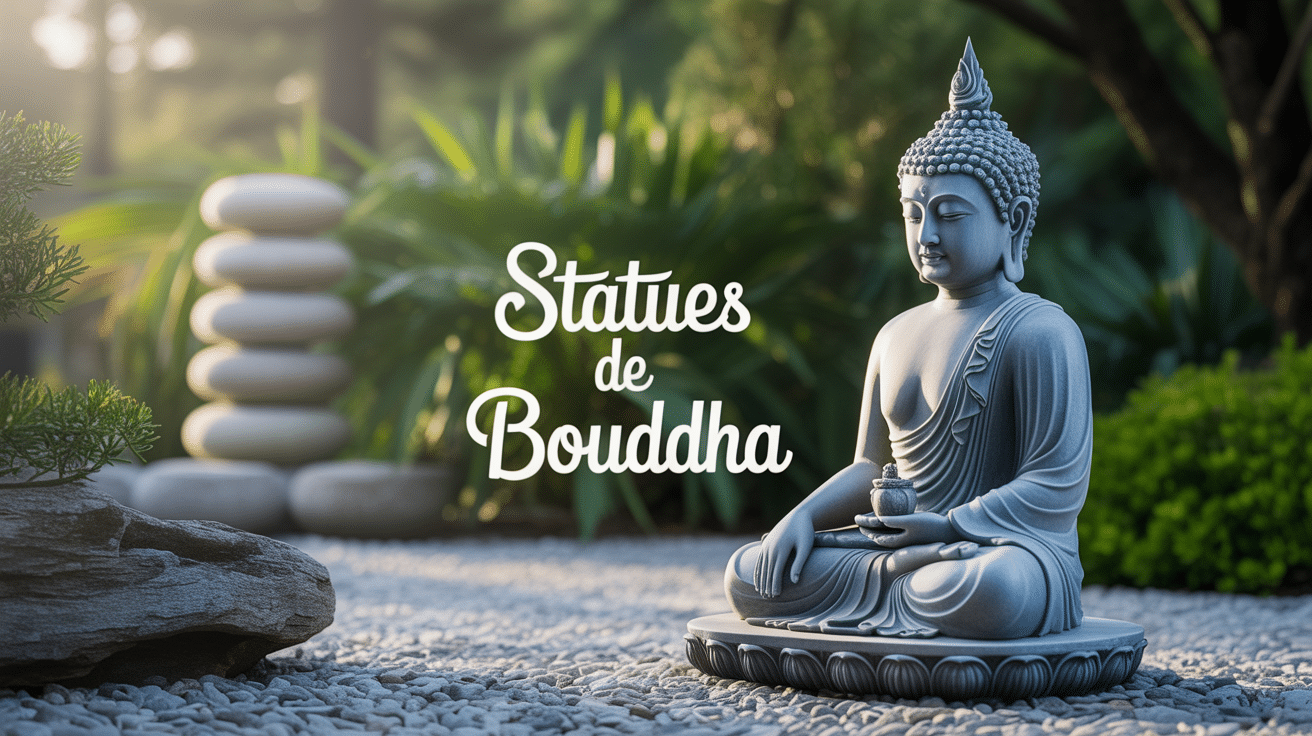 statue bouddha en pierre dans jardin zen