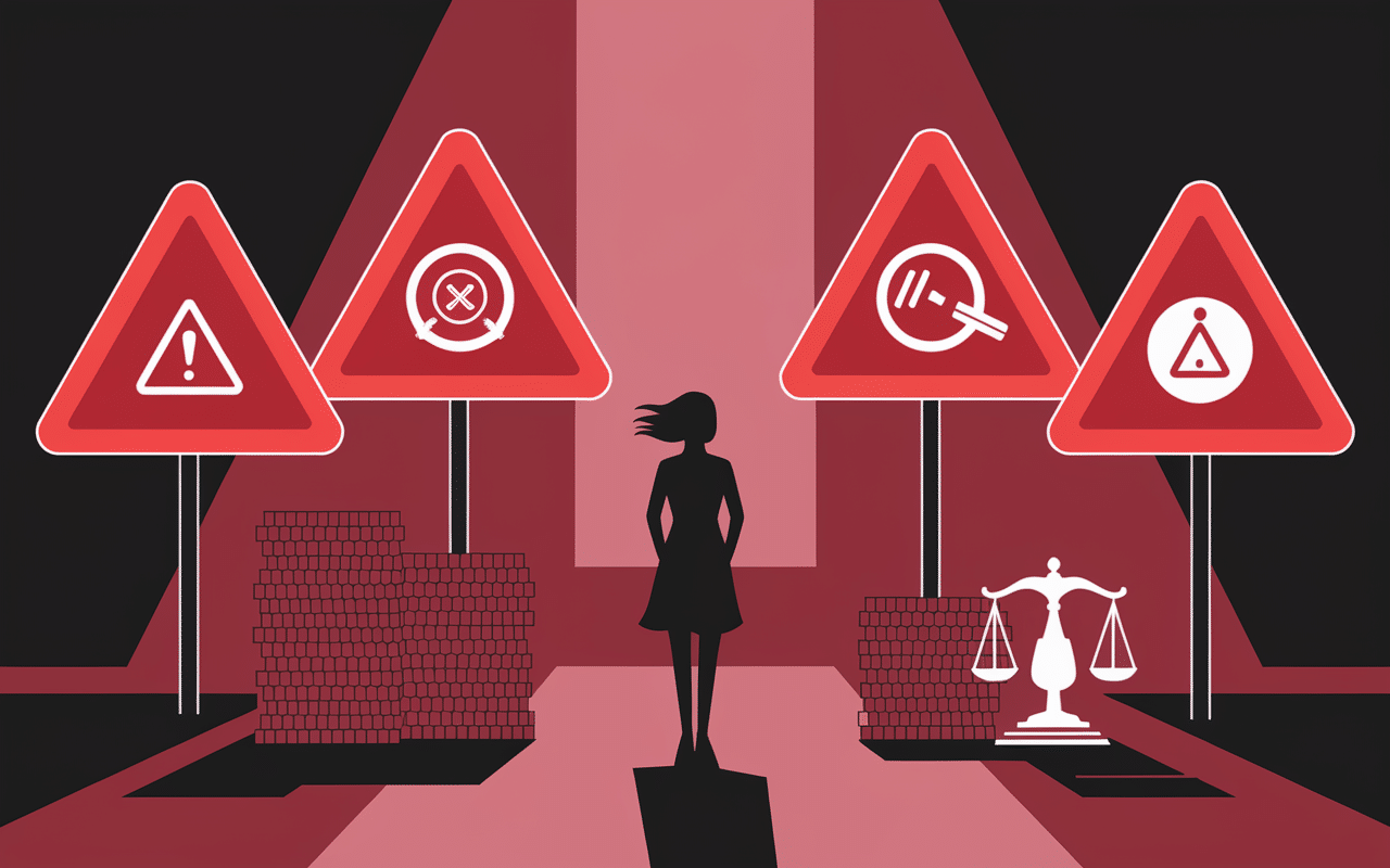 Tarif horaire femme de ménage au black, panneaux d’avertissement, femme inquiète, danger