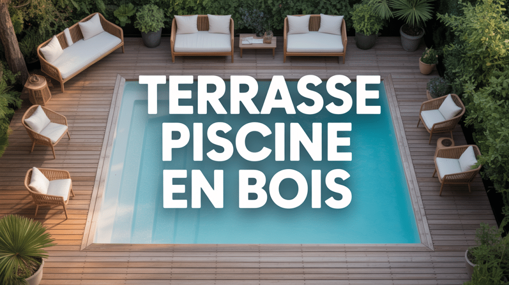 terrasse avec piscine en bois vue aerienne