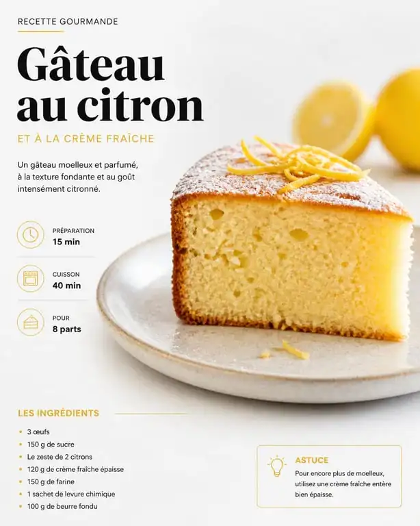Gâteau nuage au citron et à la crème fraîche, dessert rapide et gourmand