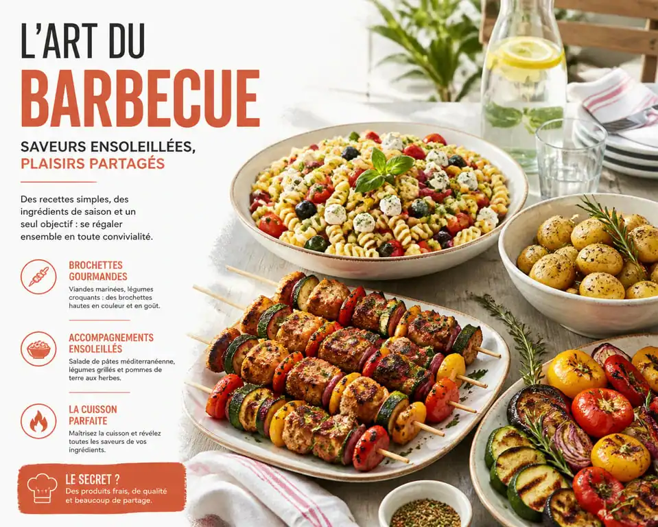 Accompagnements pour barbecue : salade de pâtes, légumes grillés et brochettes