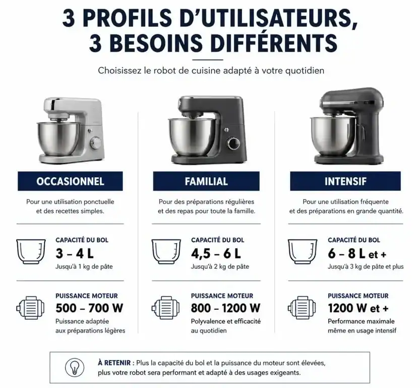 Infographie comparative des critères de choix pour le meilleur robot cuisine selon l'usage