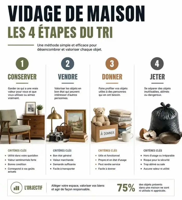 Infographie des étapes de tri pour un vidage maison efficace