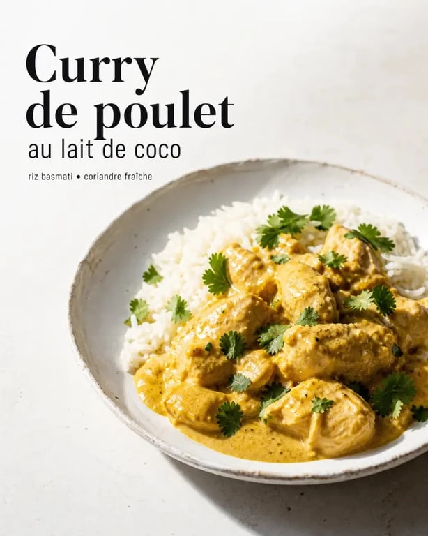 Plat à base de poulet : curry de poulet fondant au lait de coco servi avec riz basmati