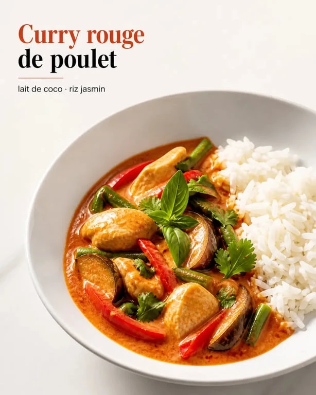 Recette avec pate de curry : curry rouge de poulet au lait de coco servi avec du riz