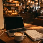 Travailler dans un cafe : ordinateur portable et latte, wifi accepté