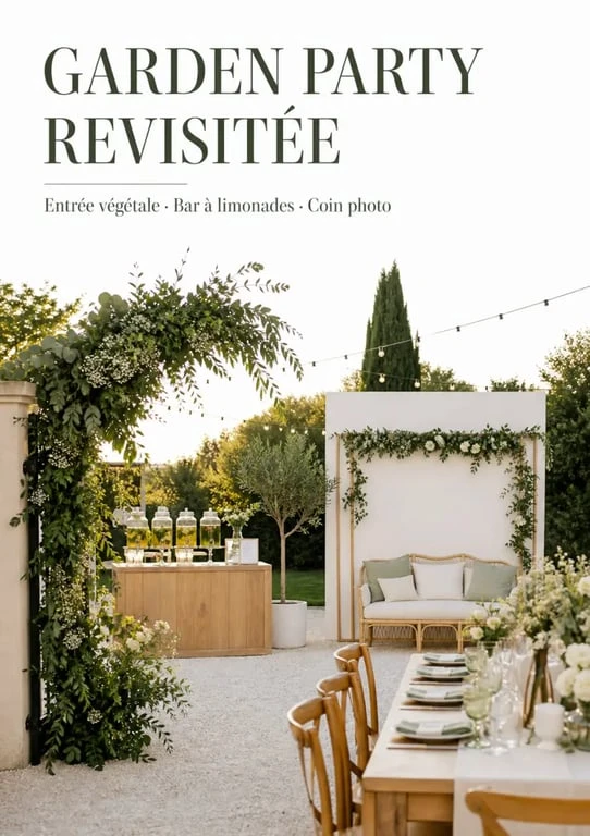 Thème de soirée tendance 2024 : garden party revisitée avec entrée, bar et coin photo