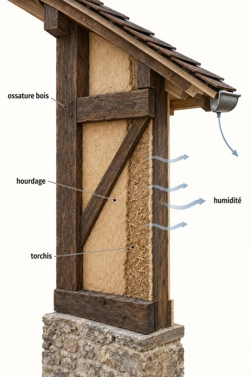 Schéma explicatif d’une maison à colombages avec ossature bois, hourdage et torchis