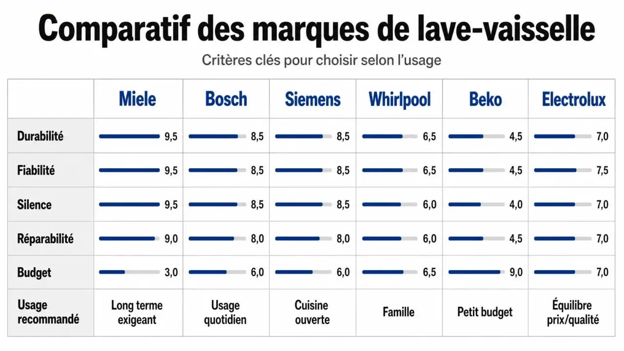 Lave vaisselle quelle marque : comparatif visuel des marques selon la durabilité, la fiabilité, le silence et le budget