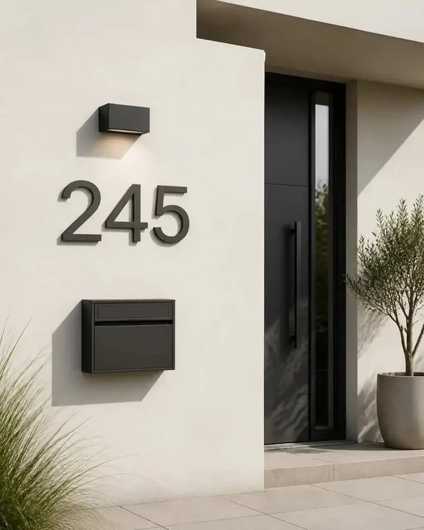Numéro de maison design anthracite sur façade contemporaine claire