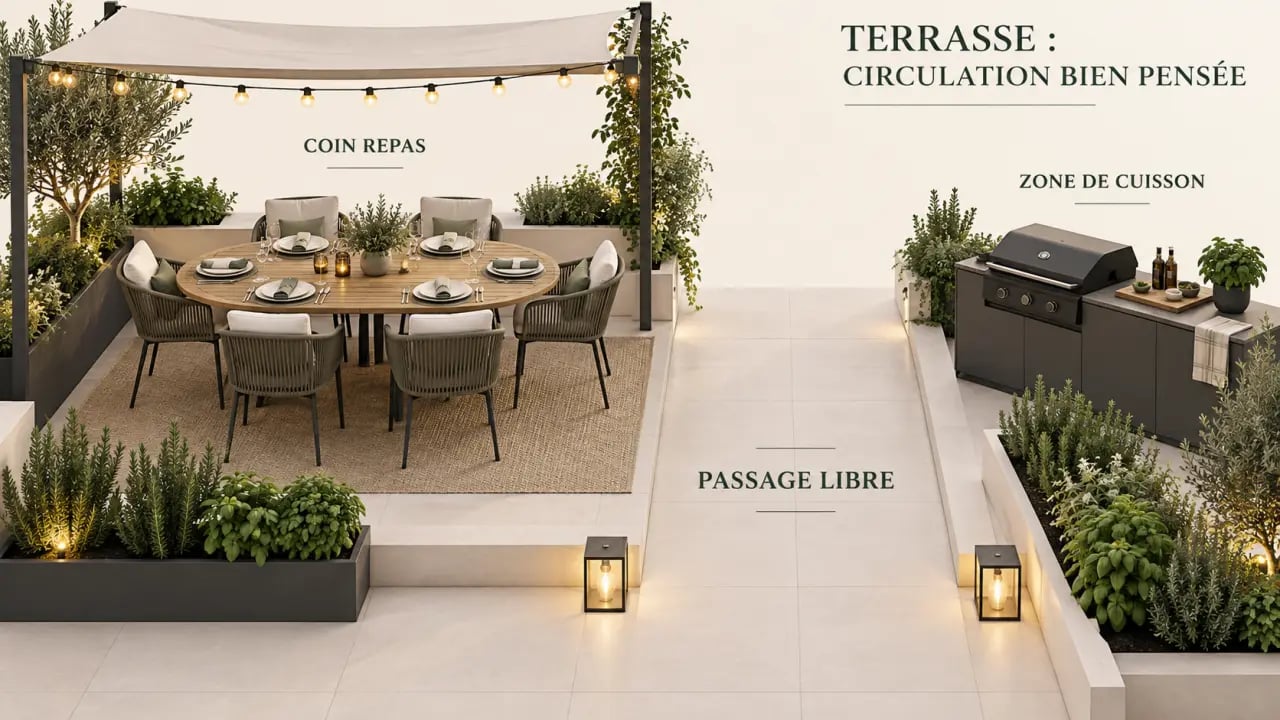 Coin repas convivial sur sa terrasse avec éclairage, ombrage et végétation