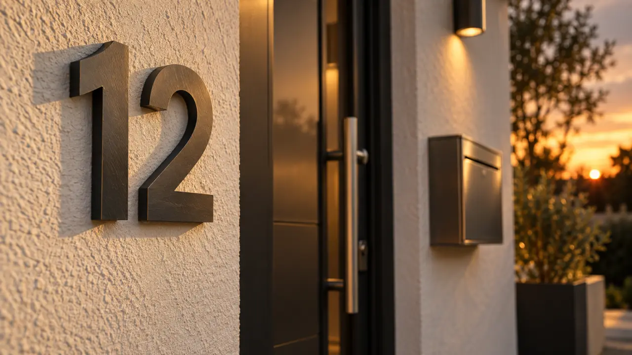 Numero de maison design : plaque numéro 12 anthracite lisible près de la porte