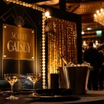 Thème de soirée tendance 2024 Gatsby monochrome or, champagne et photobooth art déco