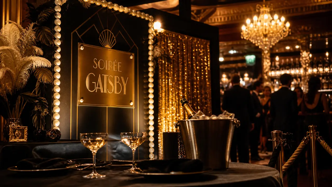 Thème de soirée tendance 2024 Gatsby monochrome or, champagne et photobooth art déco