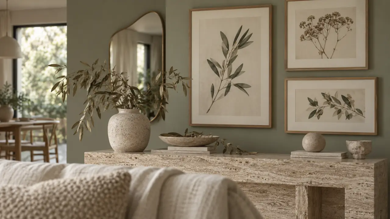Decoration murale vert sauge avec cadres botaniques et miroir