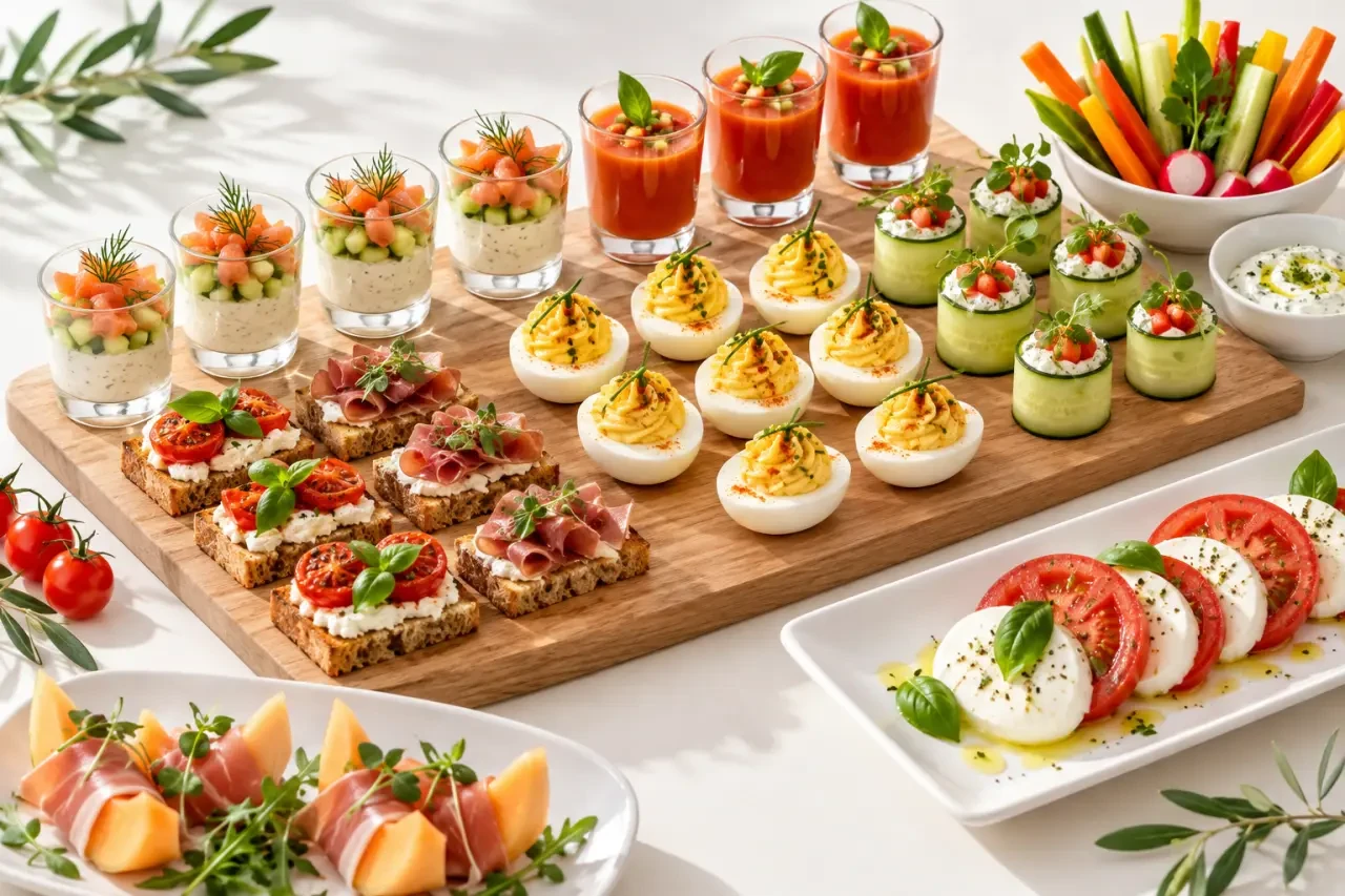 Buffet d'entrées froides avec verrines, gaspacho, œufs mimosa et toasts