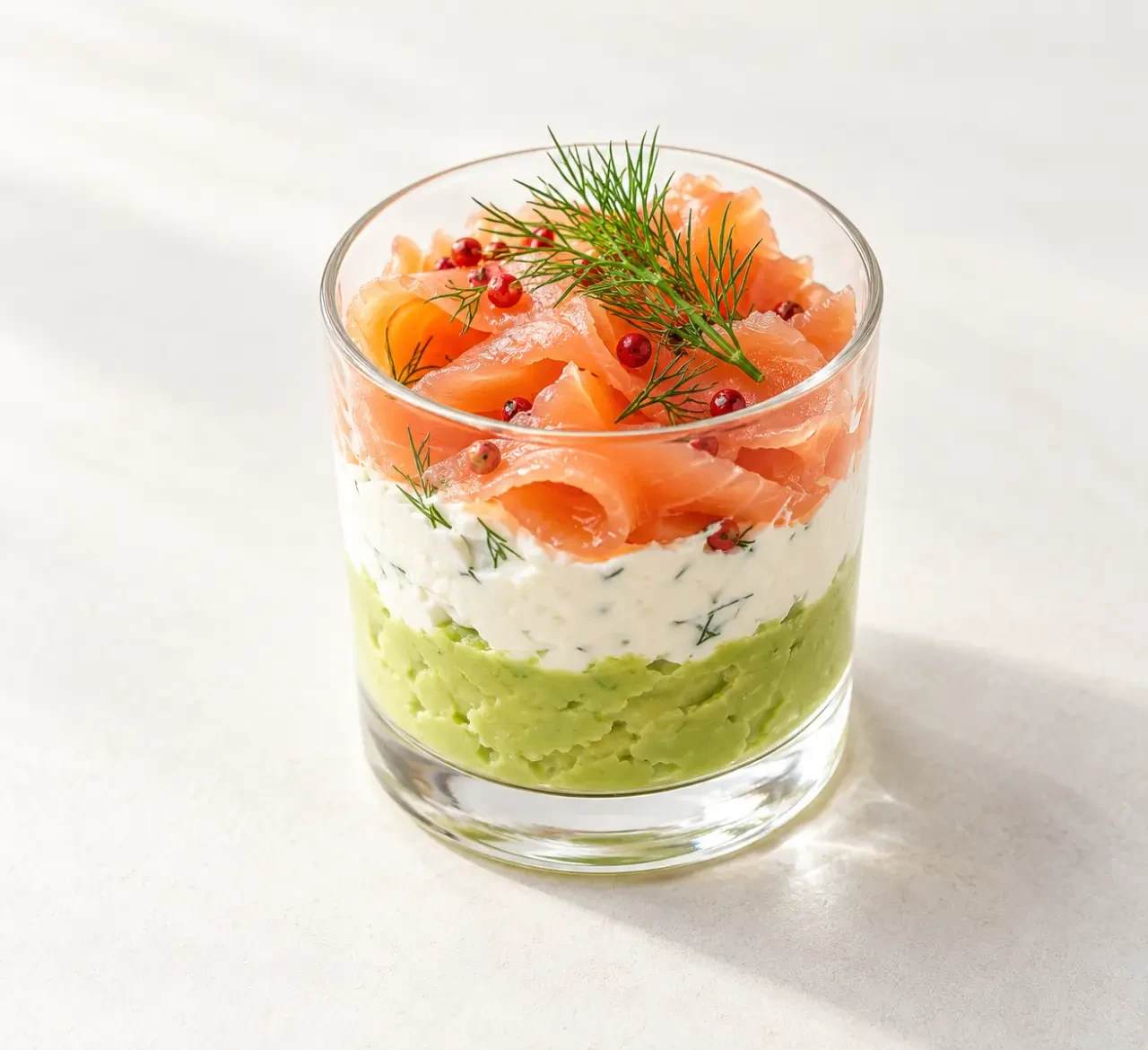 Entrées froides : verrines avocat et saumon fumé dressées pour un buffet